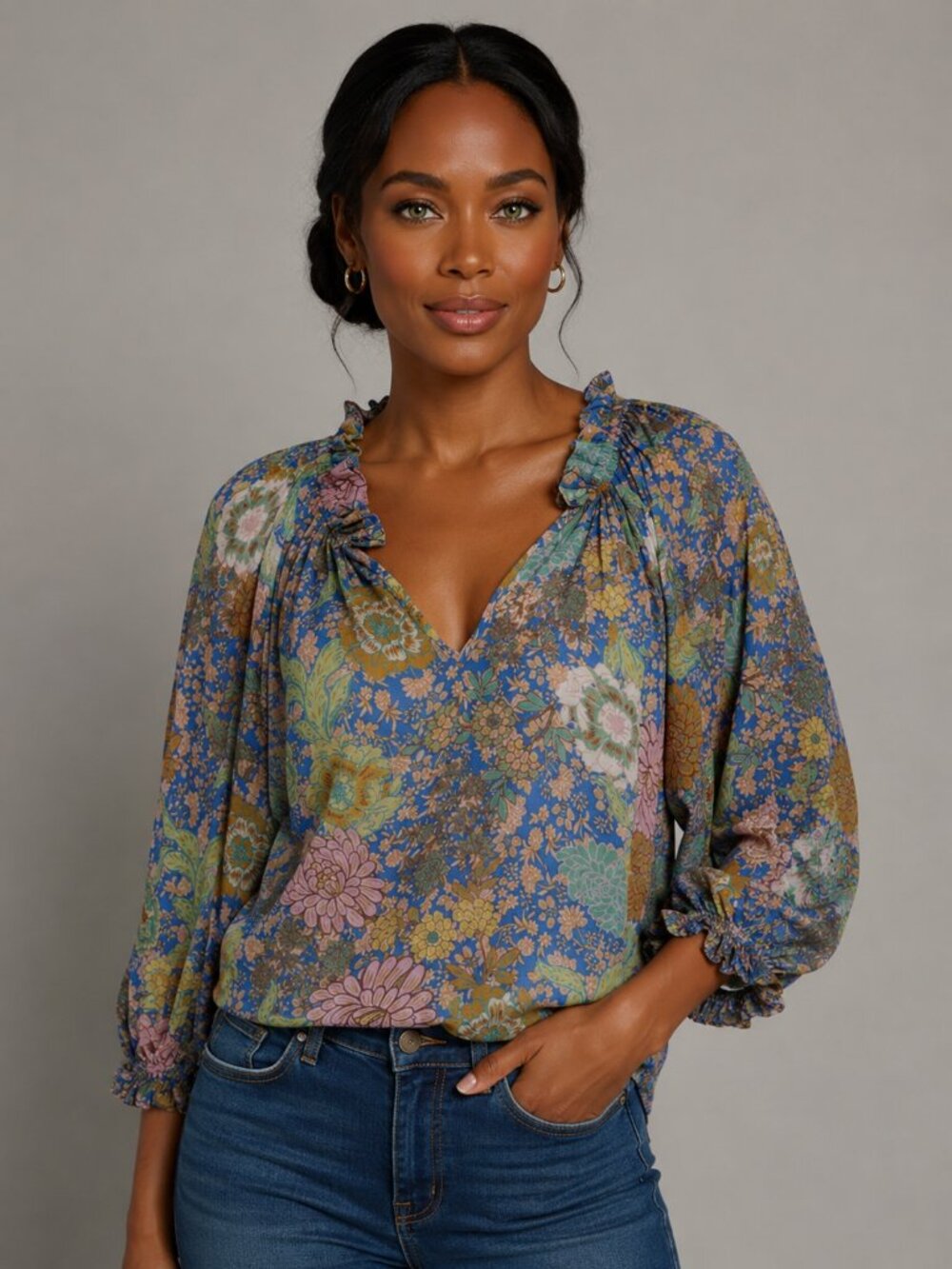 Gilner Farrar Ellie Blouse Floral Blue Pink Green V-Neck Boho Peasant Top Size S